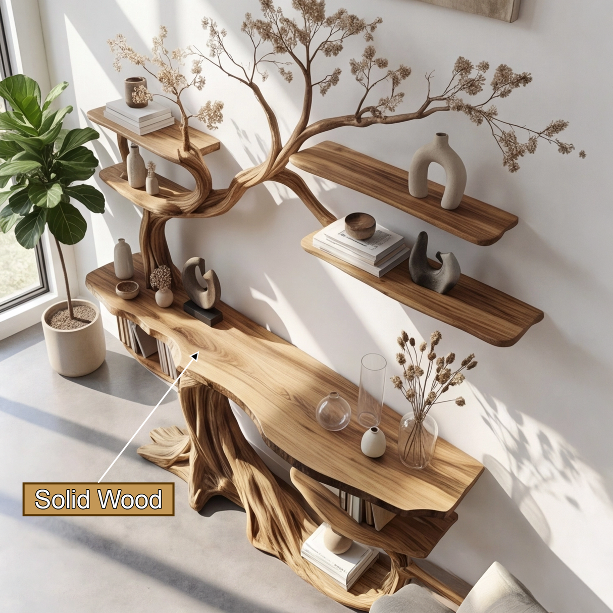 Averra Sculpted Solid Wood Console Table with Shelves - Timberustic Console Table with Shelves
