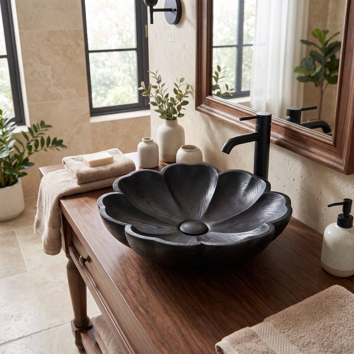 Blossora Handcrafted Solid Wood Flower Vessel Sink