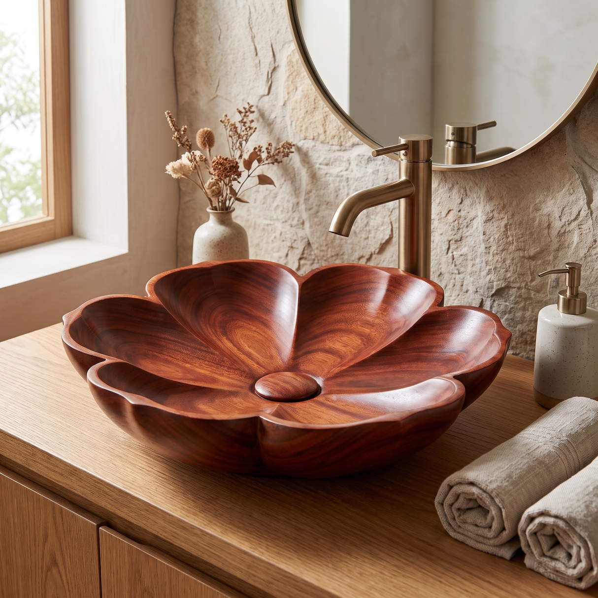 Blossora Handcrafted Solid Wood Flower Vessel Sink