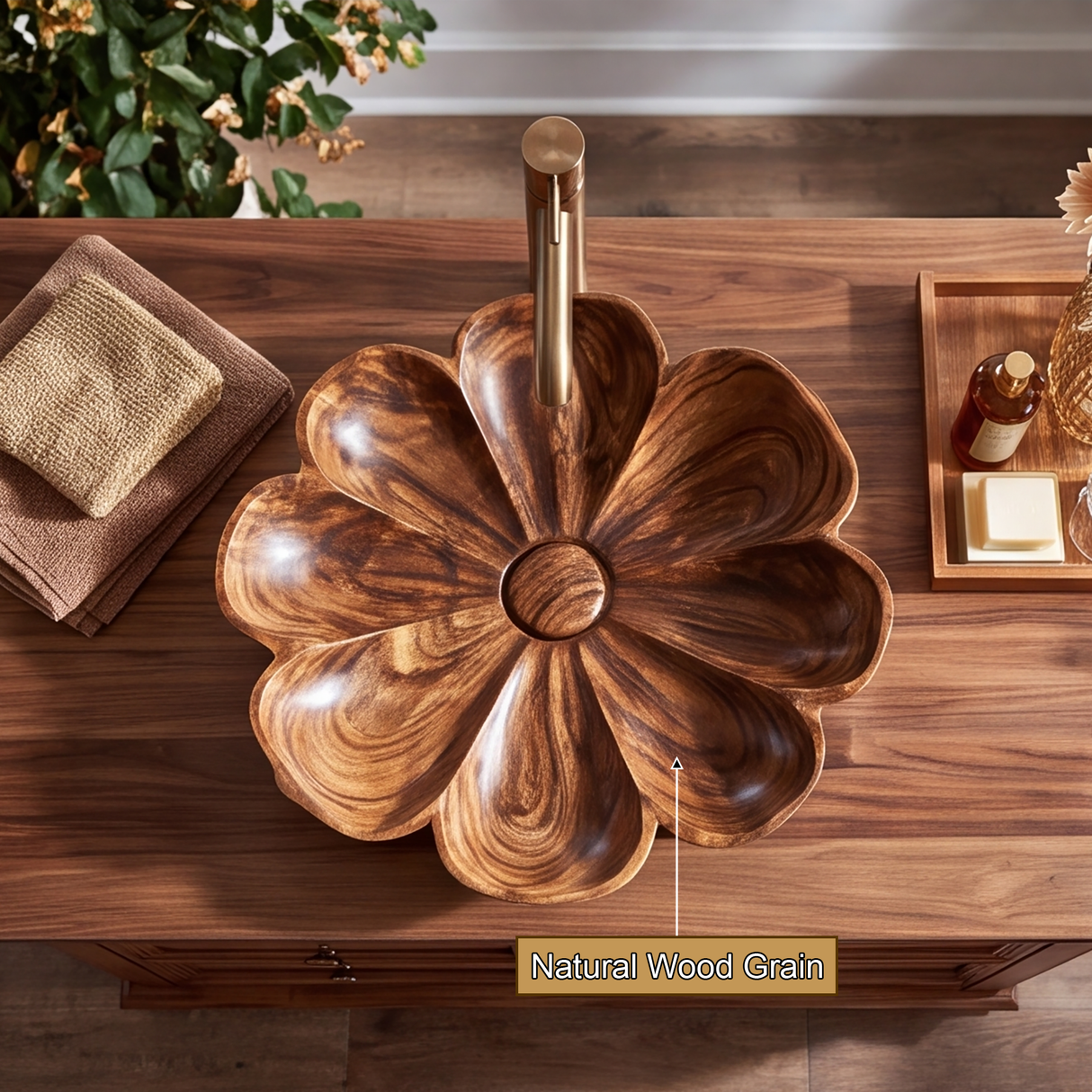 Blossora Handcrafted Solid Wood Flower Vessel Sink