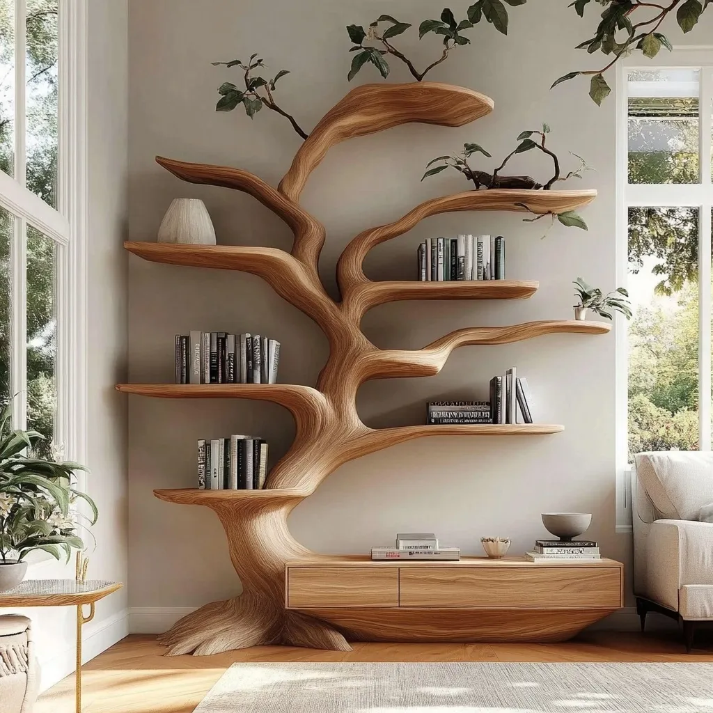 Branoris Handcrafted Sculpted Solid Wood Tree Bookshelf with Drawers SPA209513