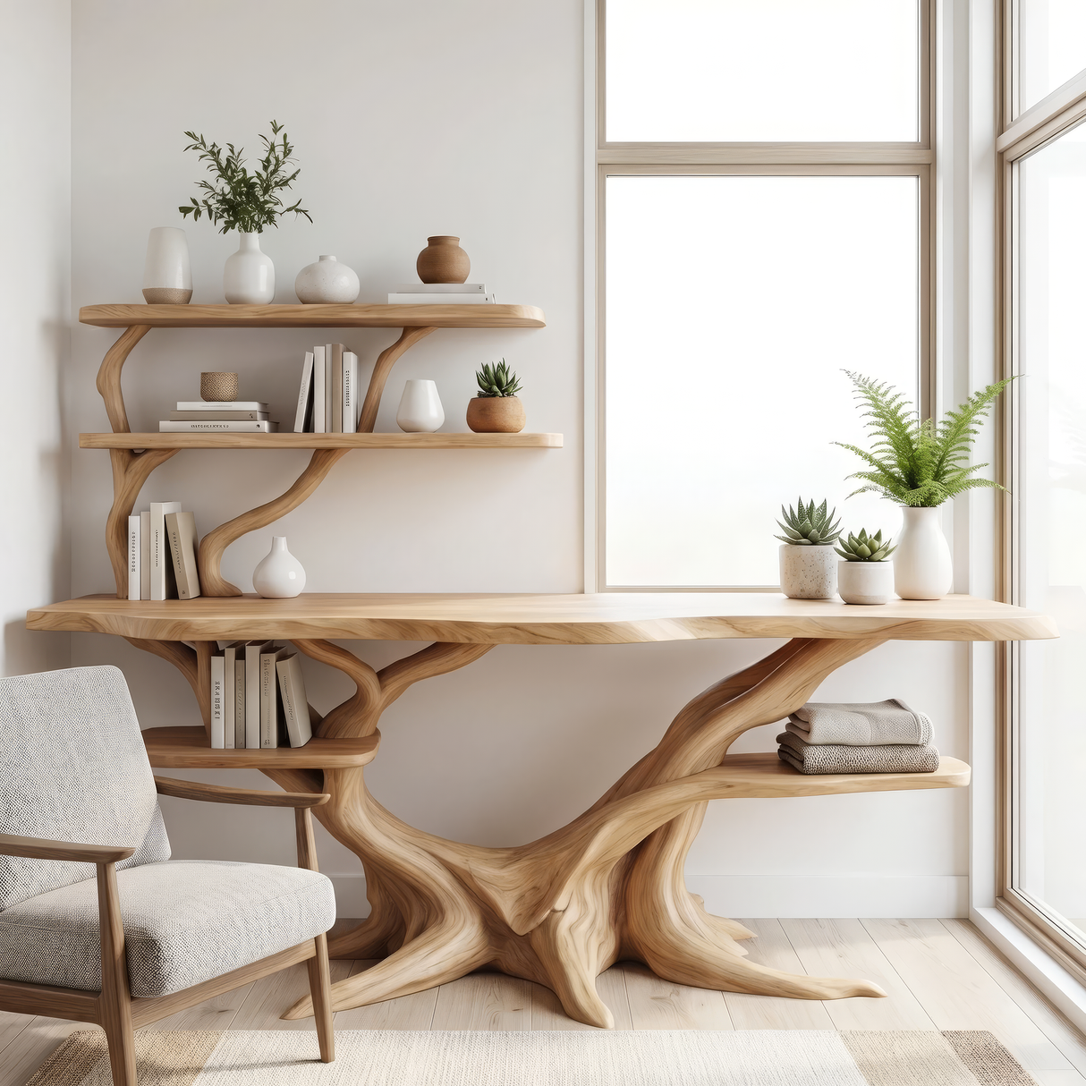 Caelith Sculpted Solid Wood Console Table with Shelves - Timberustic Console Table with Shelves