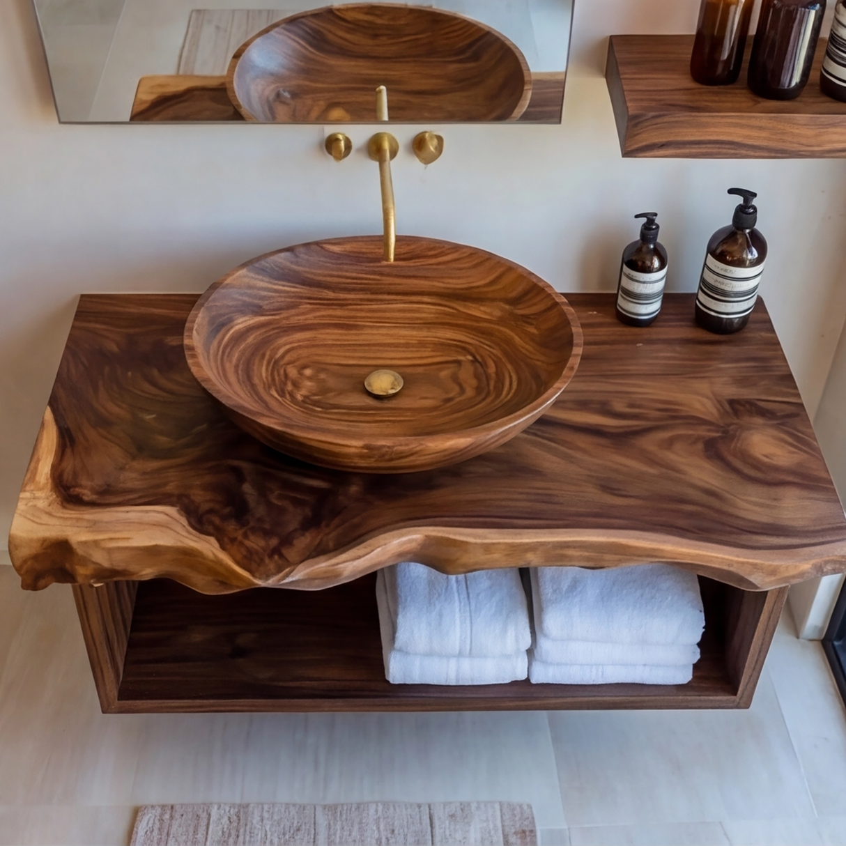 Caelum Live Edge Solid Wood Floating Bathroom Vanity with Open Storage - Timberustic Floating Bathroom Vanity with Open Storage