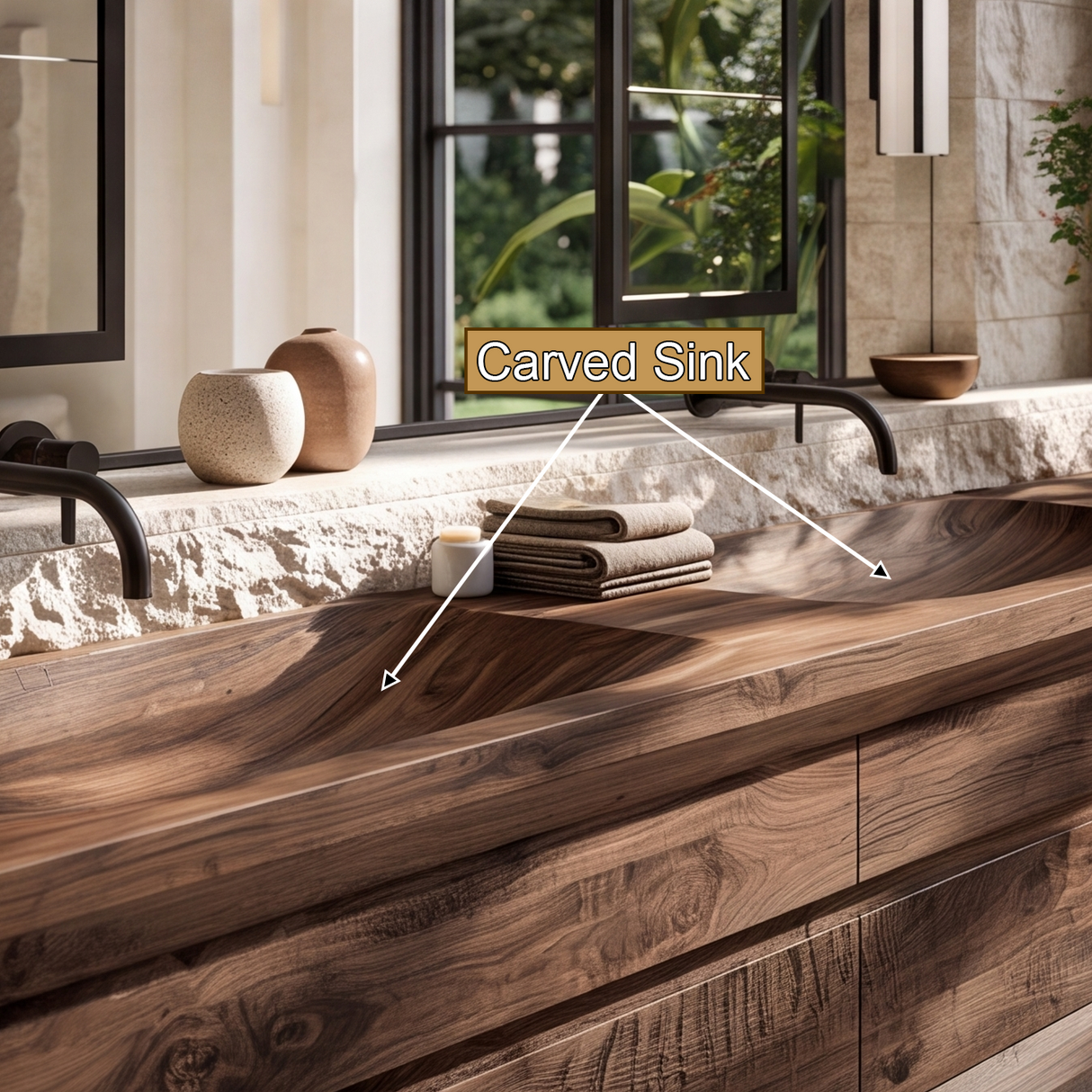 Caelvorn Sculpted Solid Wood Floating Bathroom Vanity with Integrated Sinks and Drawers