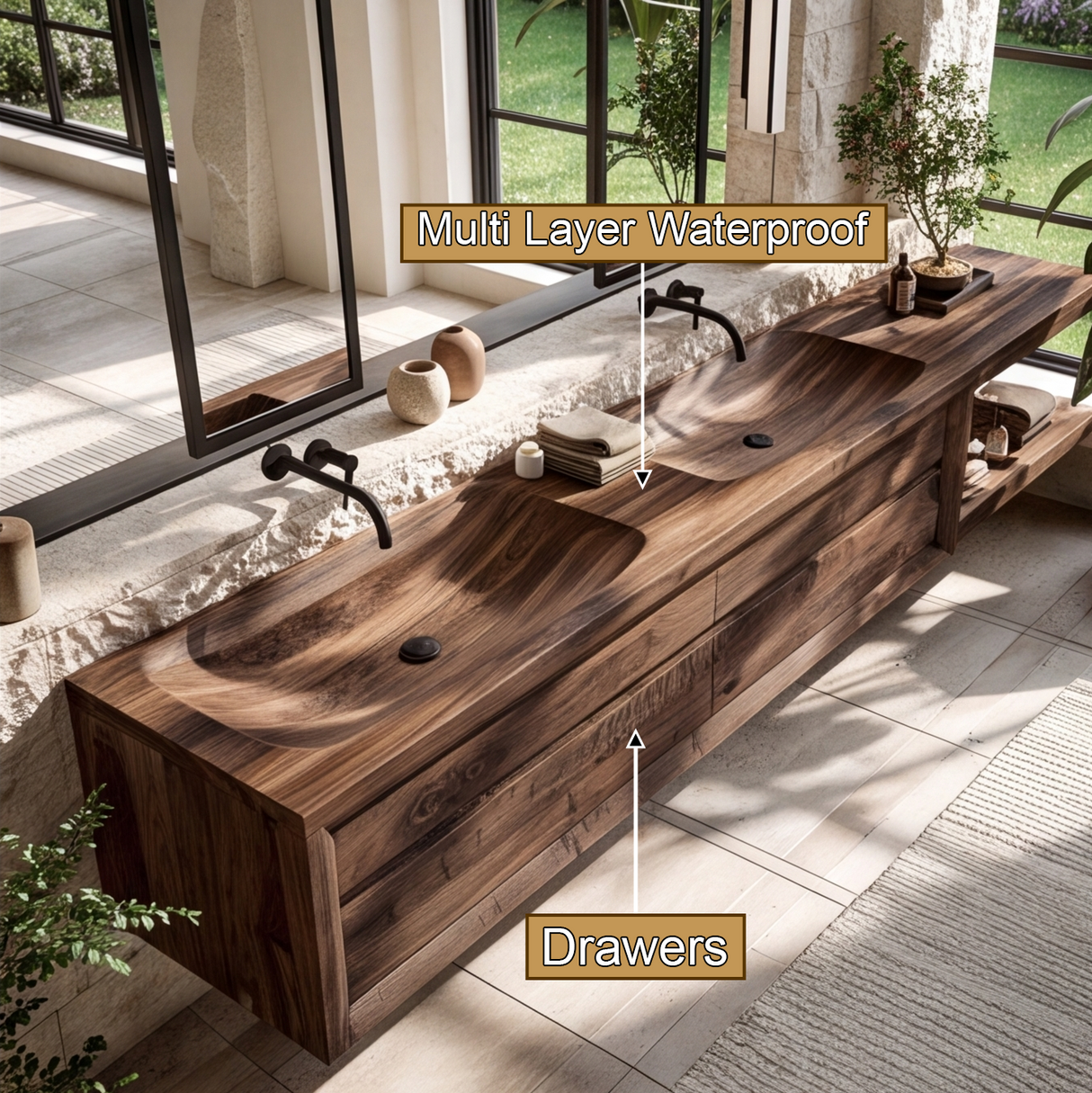 Caelvorn Sculpted Solid Wood Floating Bathroom Vanity with Integrated Sinks and Drawers