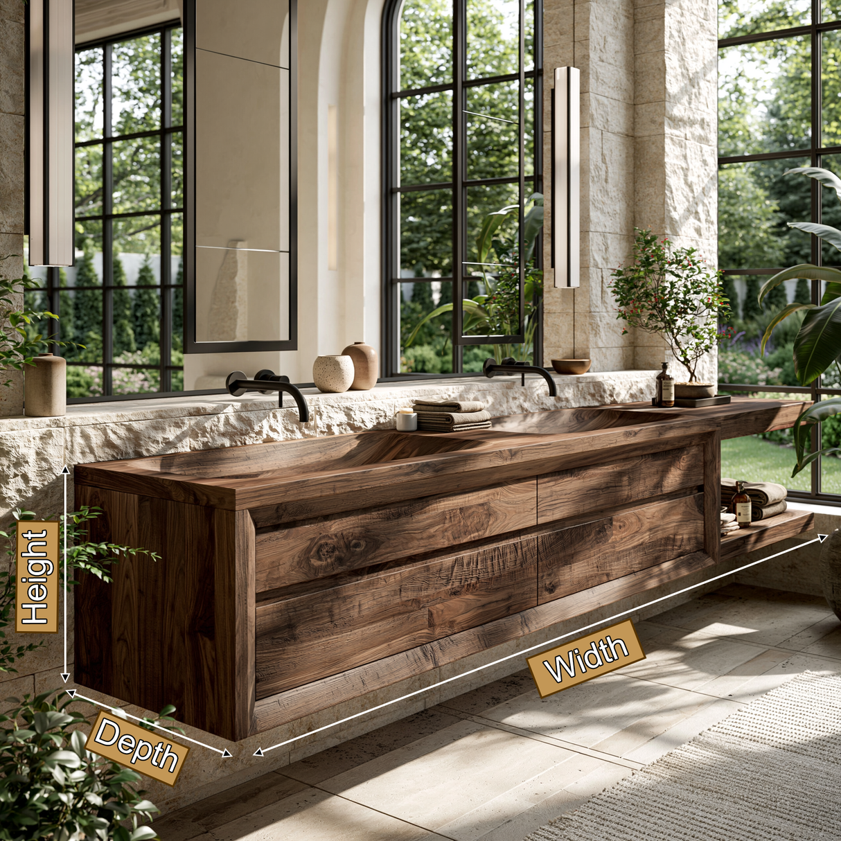 Caelvorn Sculpted Solid Wood Floating Bathroom Vanity with Integrated Sinks and Drawers