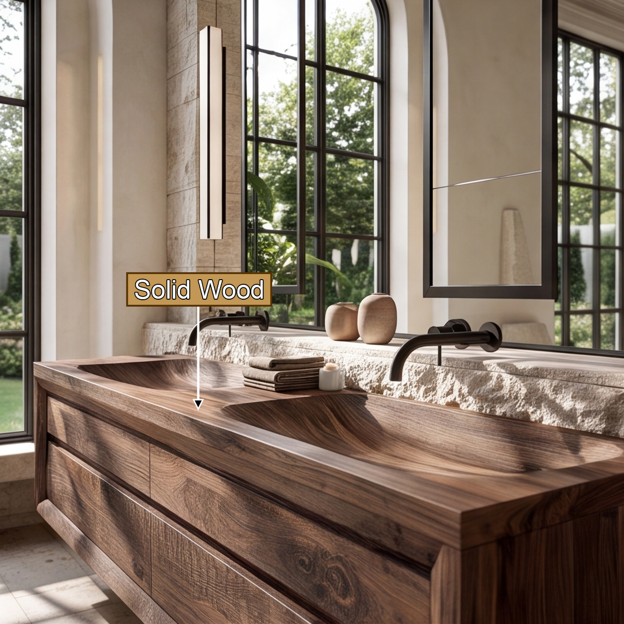Caelvorn Sculpted Solid Wood Floating Bathroom Vanity with Integrated Sinks and Drawers