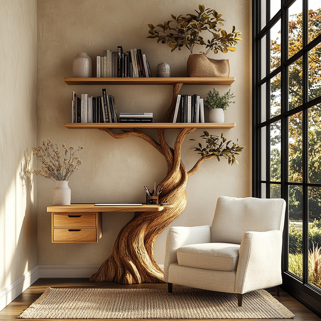 Caelvyr Organic Modern Tree Bookshelf with Drawers - Timberustic Tree Bookshelf