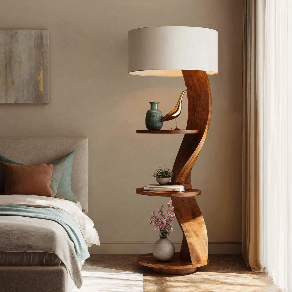 Contemporary Organic Solid Wood Floor Lamp with Shelves