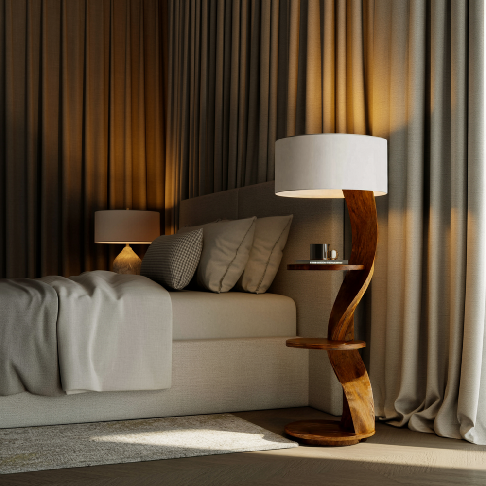 Contemporary Organic Solid Wood Floor Lamp with Shelves