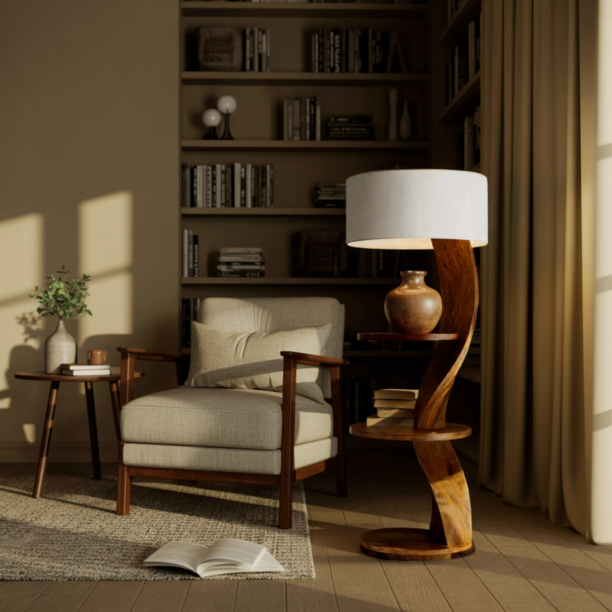 Contemporary Organic Solid Wood Floor Lamp with Shelves