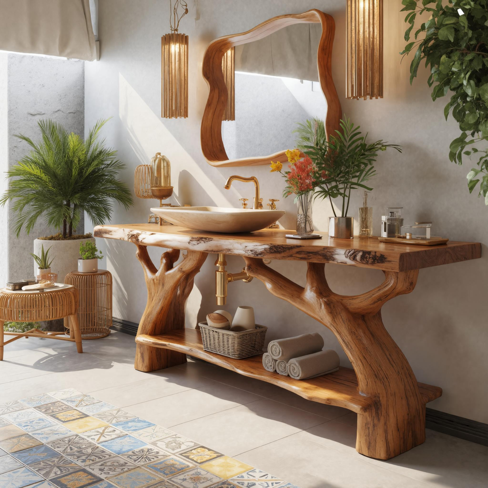 Contemporary Rustic Solid Wood Bathroom Vanity with Shelf