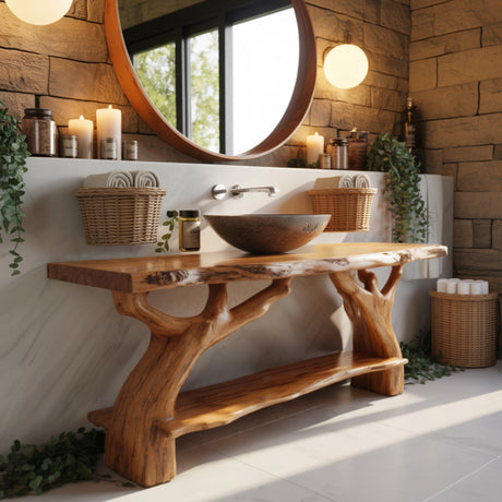 Contemporary Rustic Solid Wood Bathroom Vanity with Shelf
