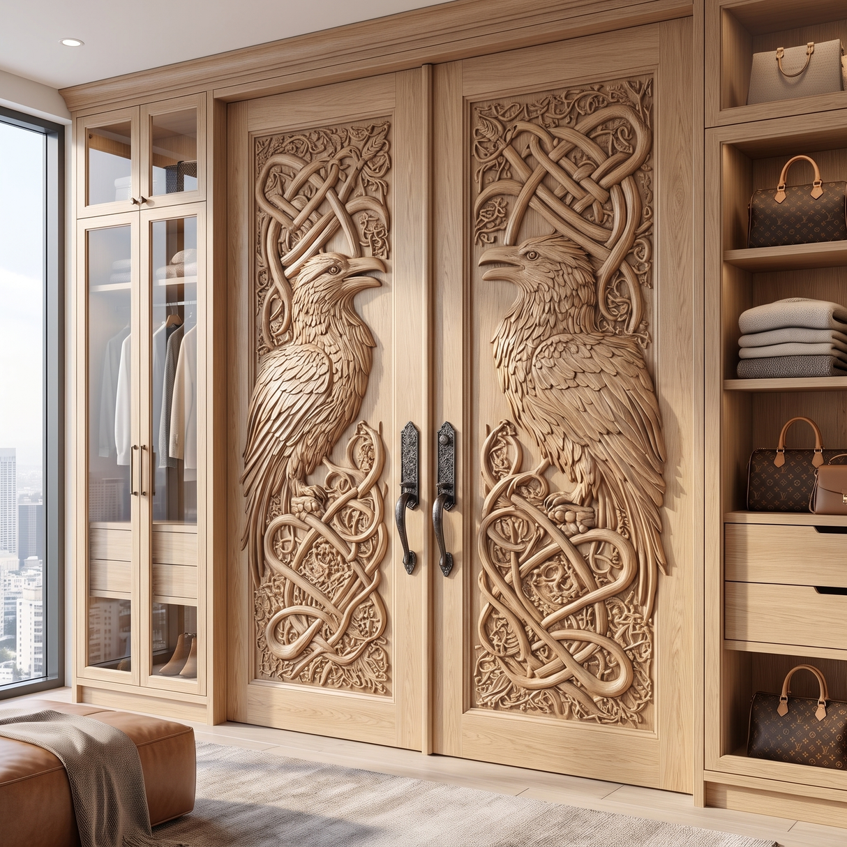 Corvaryn Handcrafted Solid Wood Raven Double Doors