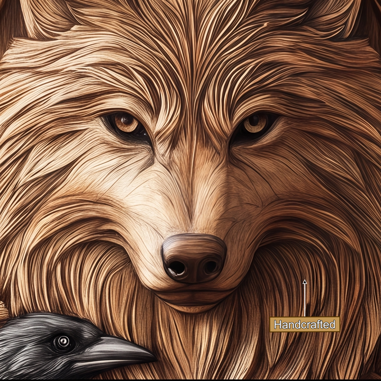 Corvaryn Handcrafted Solid Wood Wolf and Raven Single Door