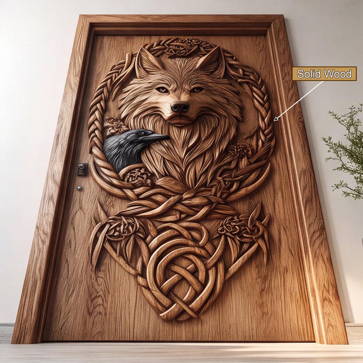Corvaryn Handcrafted Solid Wood Wolf and Raven Single Door