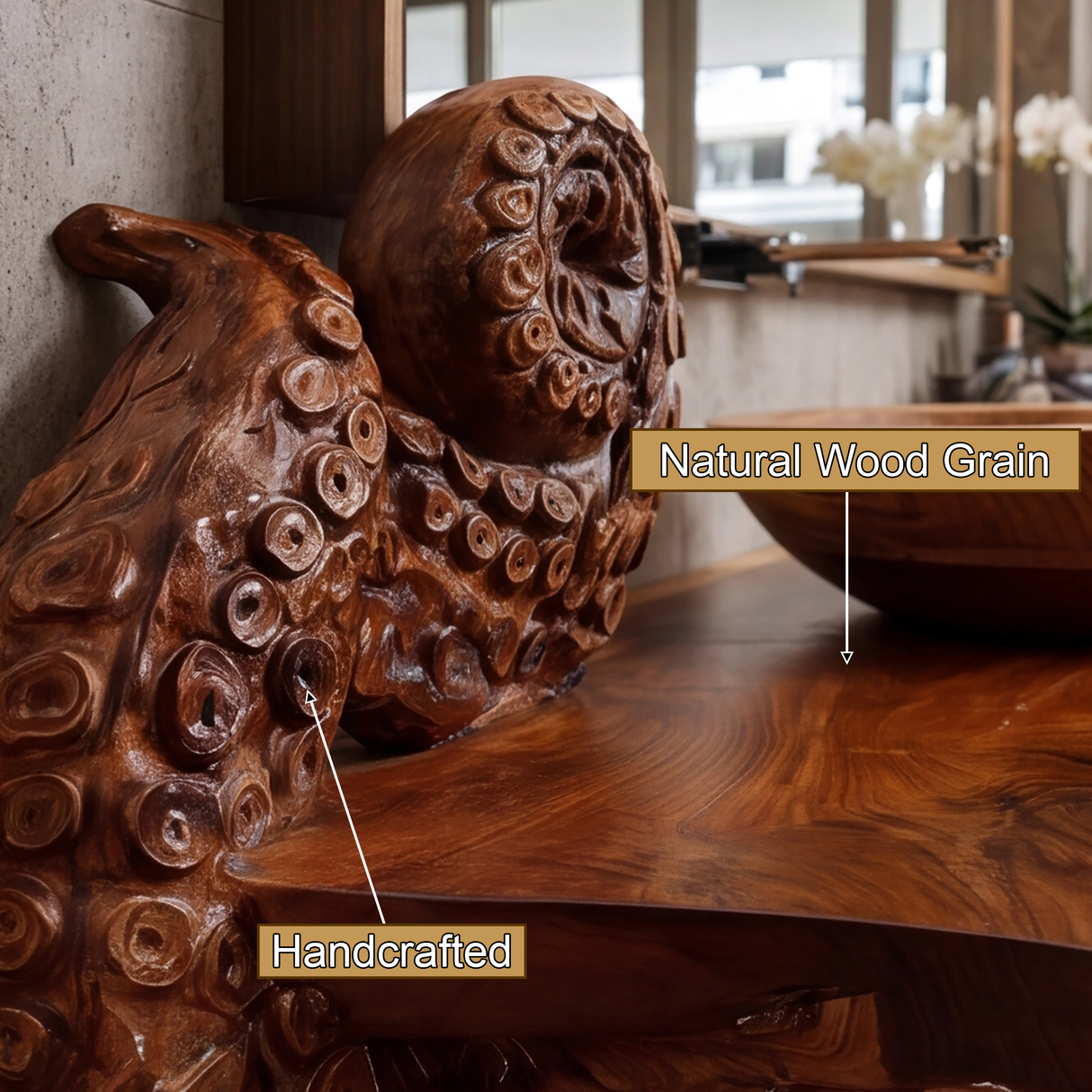 Corvethis Octopus Form Sculpted Solid Wood Floating Bathroom Vanity - Timberustic Floating Bathroom Vanity