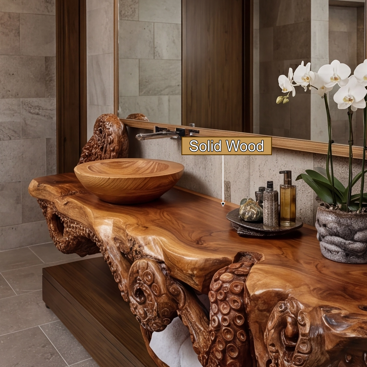 Corvethis Octopus Form Sculpted Solid Wood Floating Bathroom Vanity - Timberustic Floating Bathroom Vanity