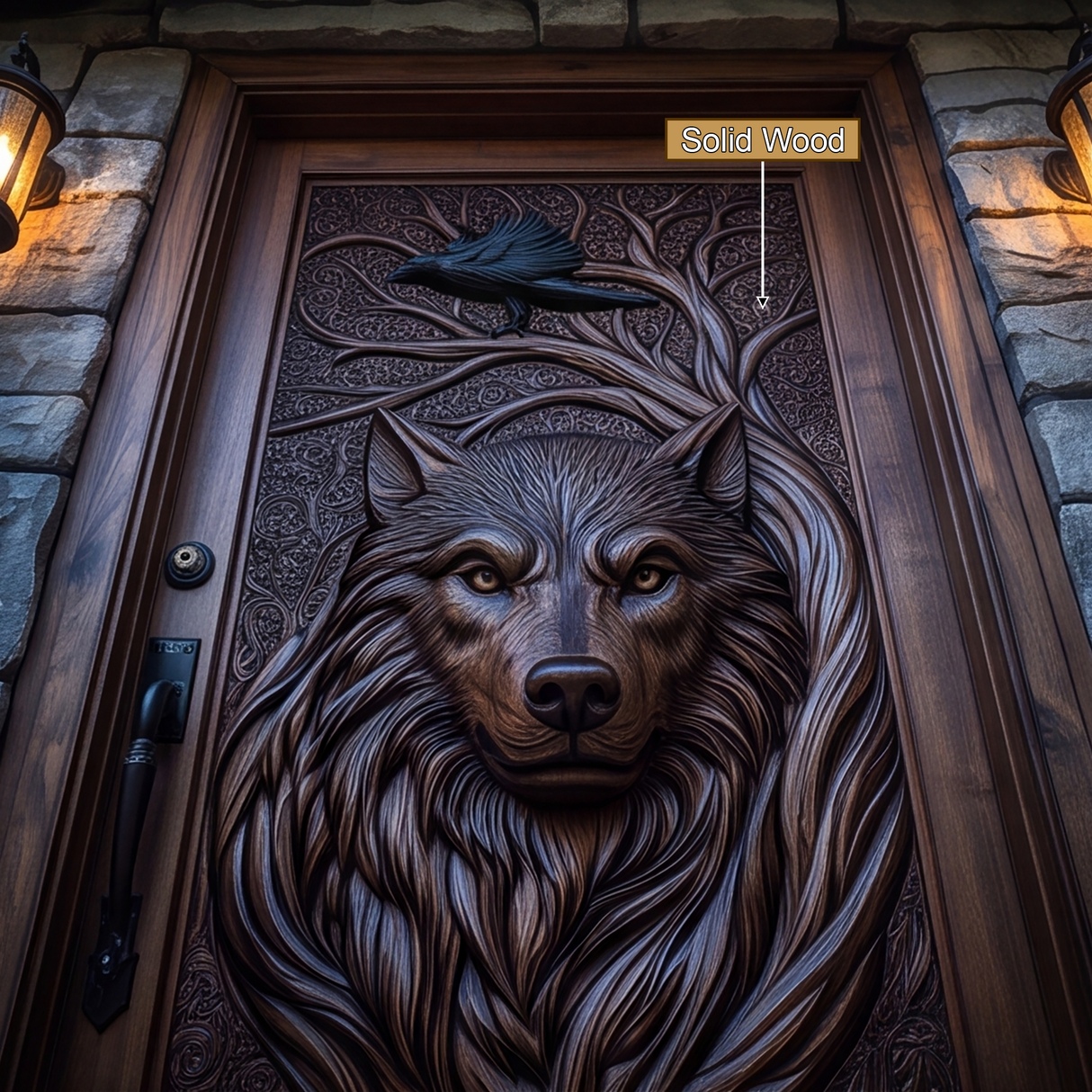 Corwyn Sculpted Solid Wood Wolf Guardian Single Door