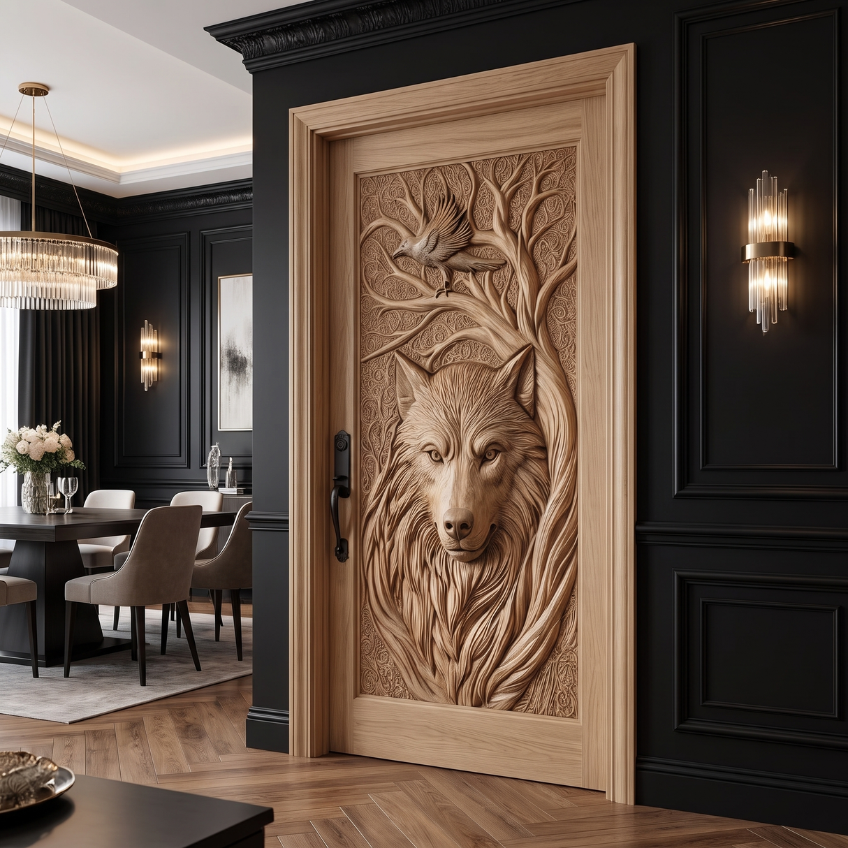 Corwyn Sculpted Solid Wood Wolf Guardian Single Door