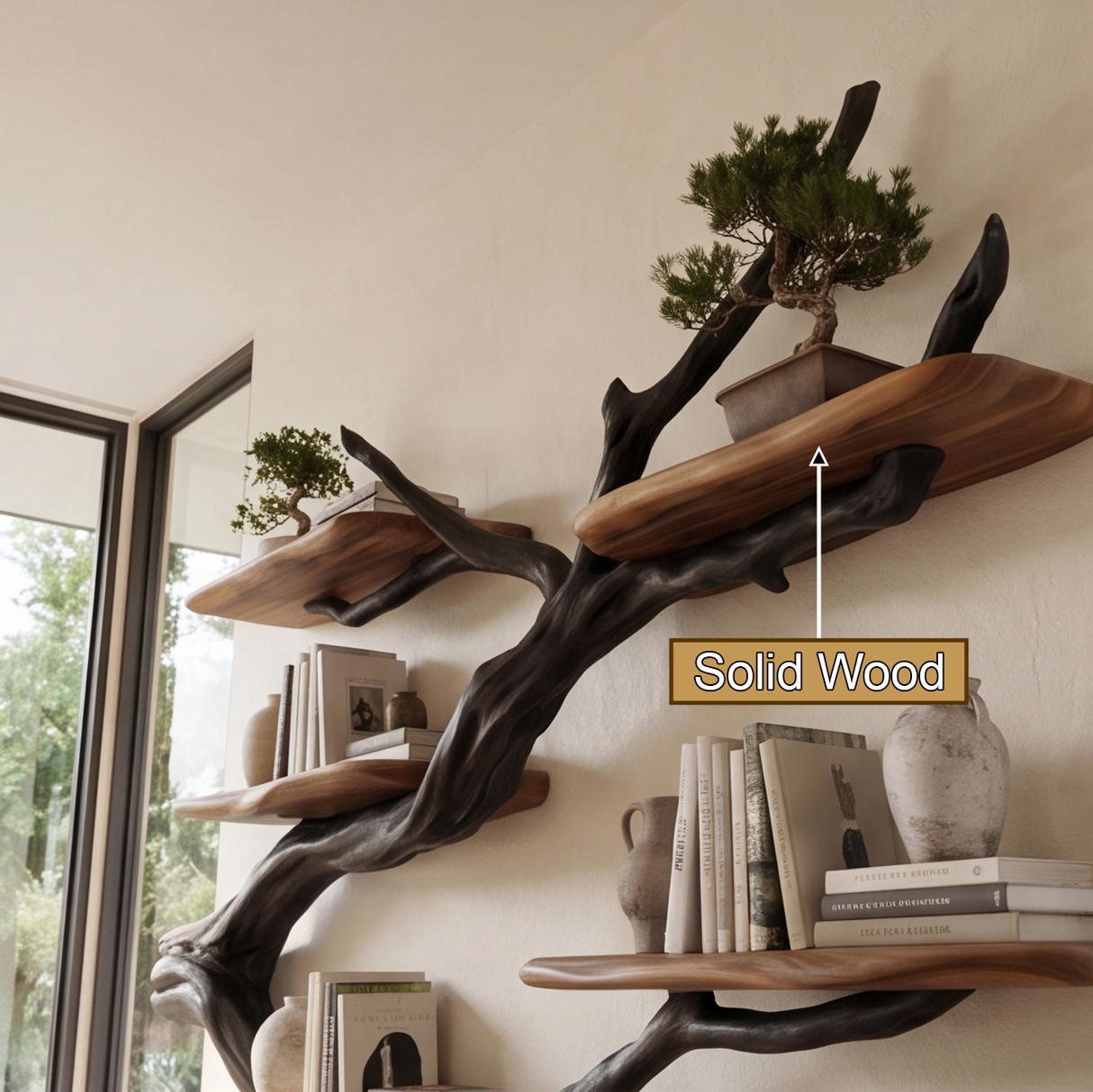 Crestbloom Handcrafted Solid Wood Floating Tree Bookshelf