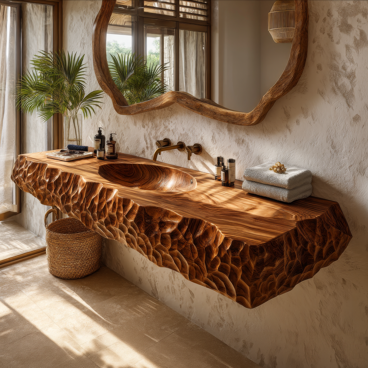 Dravento Handcrafted Sculpted Solid Wood Floating Bathroom Vanity with Integrated Sink SPA245346 - Timberustic Floating Bathroom Vanity with Integrated Sink