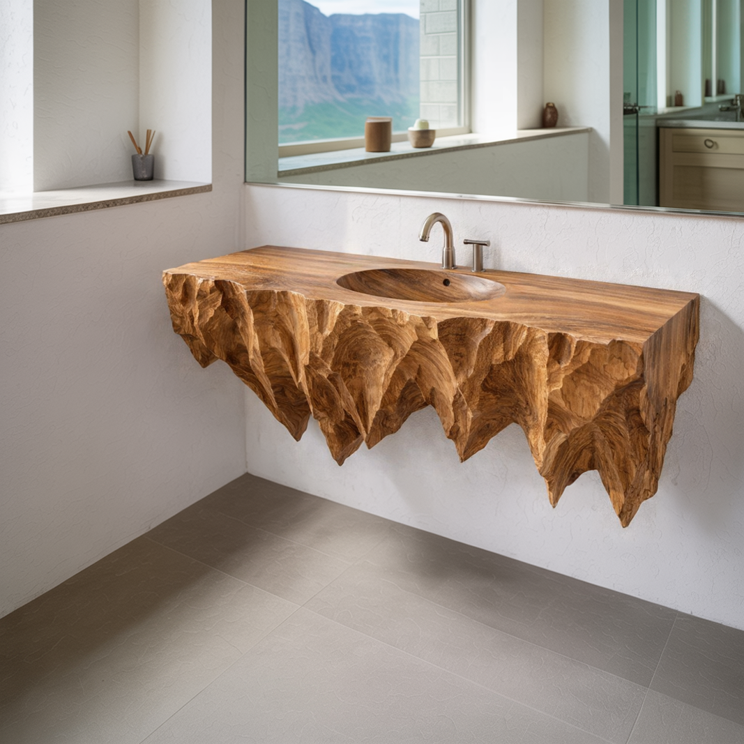 Dravik Hand-Carved Solid Wood Floating Bathroom Vanity with Integrated Sink - Timberustic Floating Bathroom Vanity with Integrated Sink
