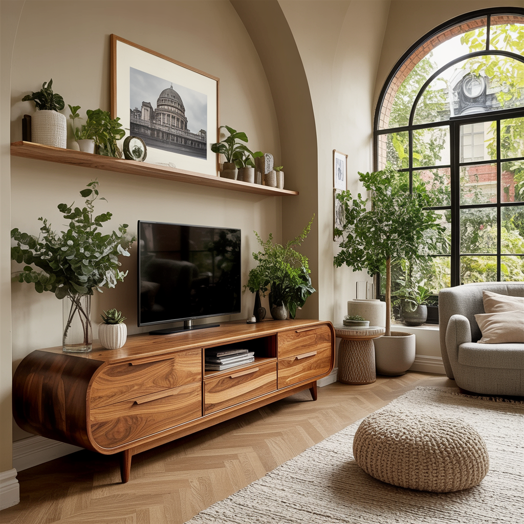 Echra Mid-Century Handcrafted Solid Wood TV Cabinet with Drawers