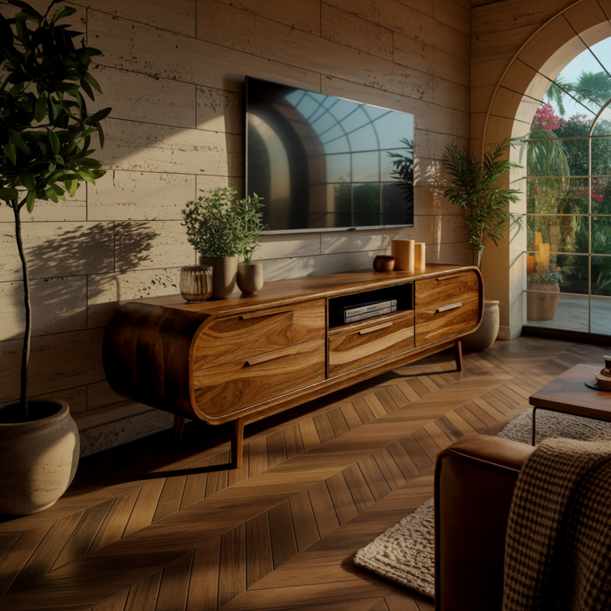 Echra Mid-Century Handcrafted Solid Wood TV Cabinet with Drawers