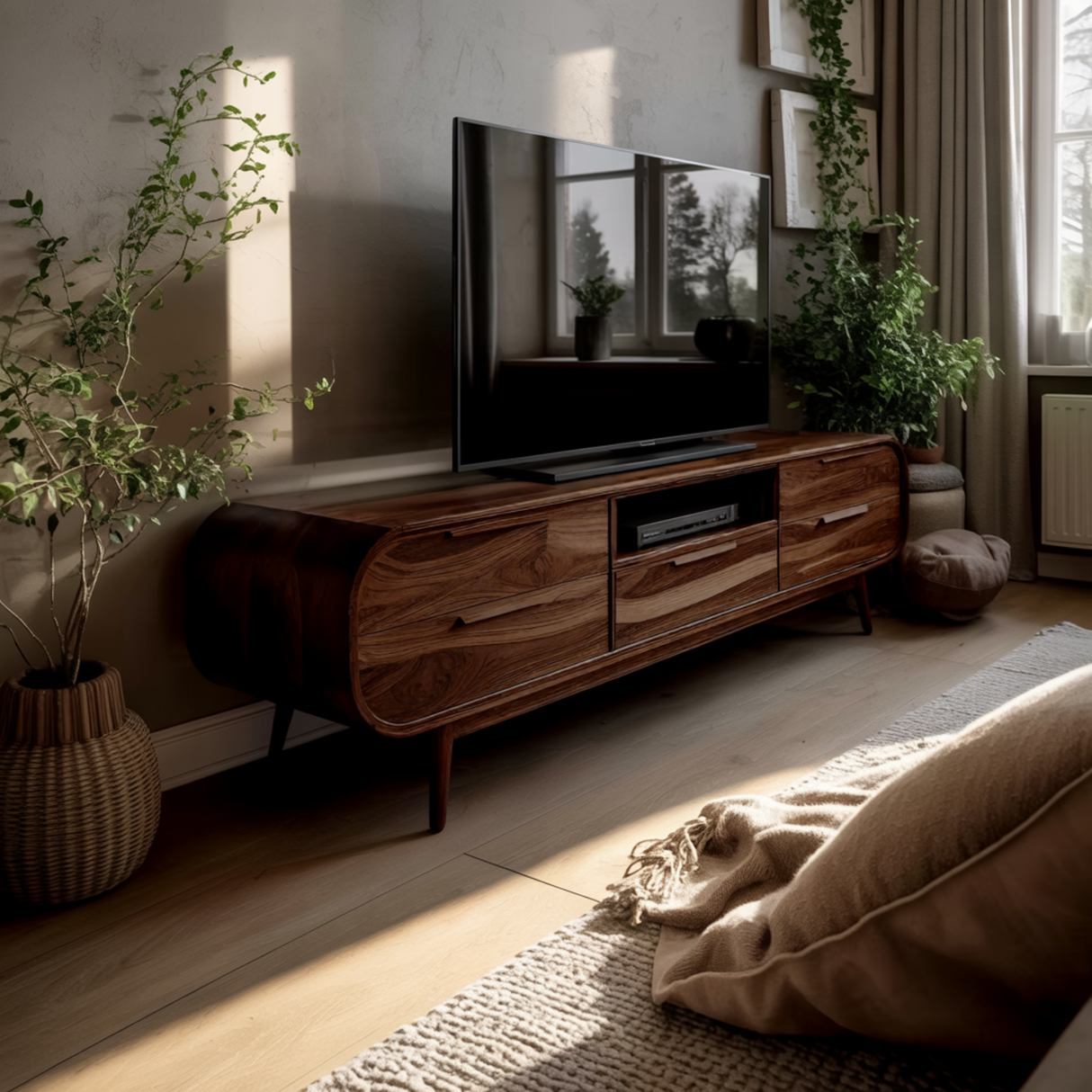 Echra Mid-Century Handcrafted Solid Wood TV Cabinet with Drawers