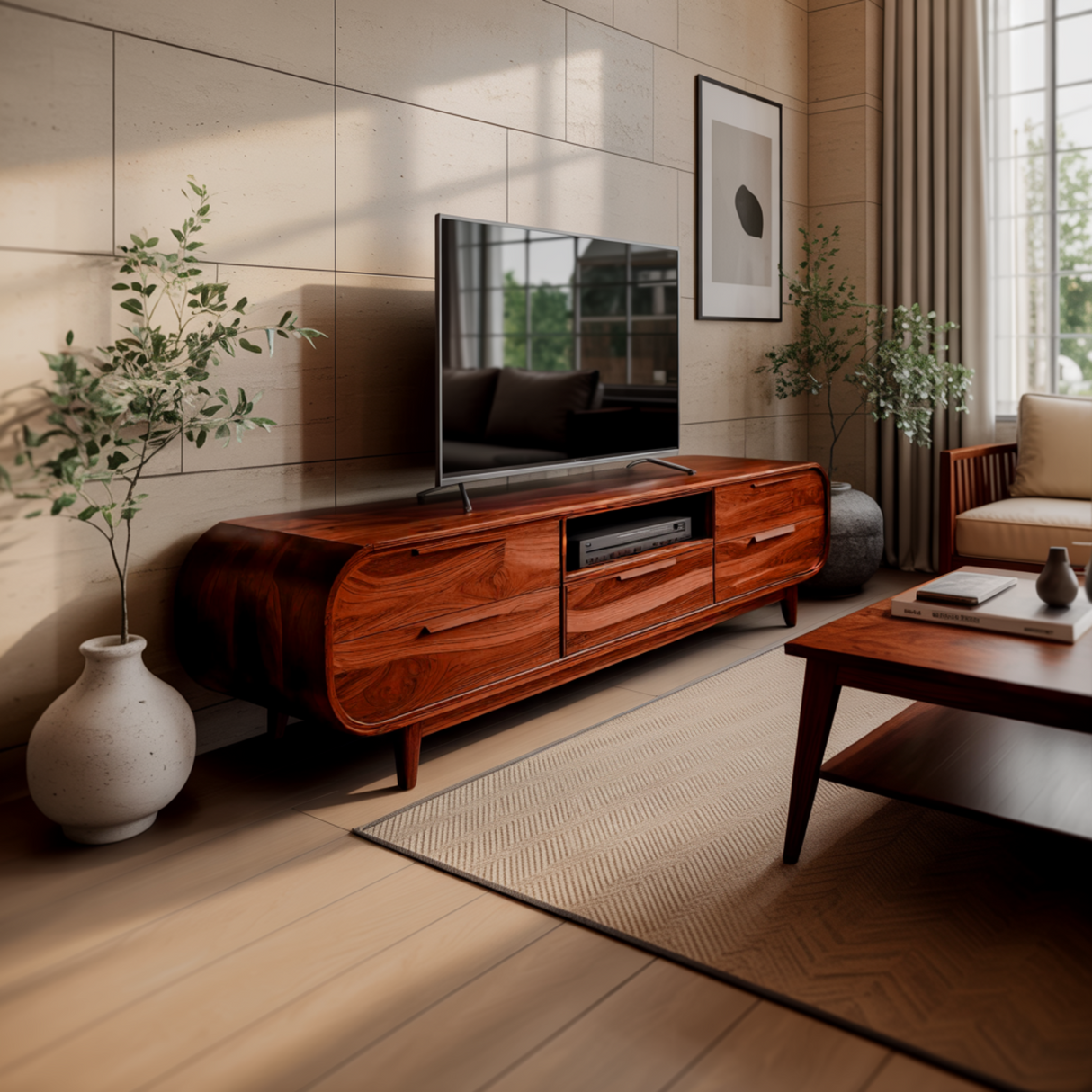 Echra Mid-Century Handcrafted Solid Wood TV Cabinet with Drawers