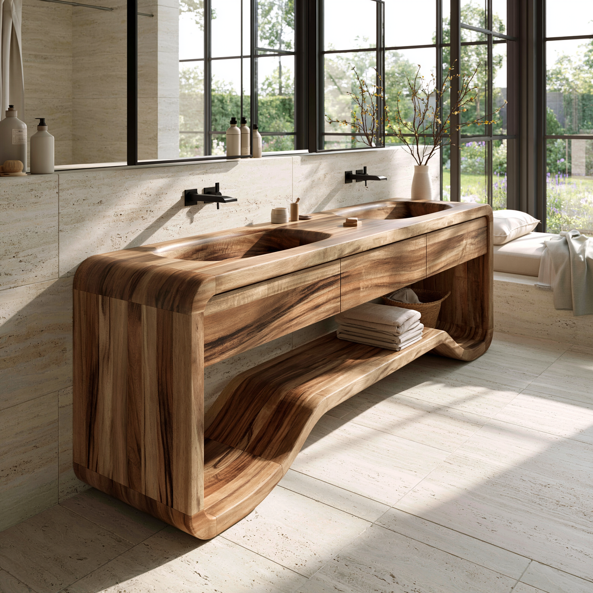 Elarion Handcrafted Solid Wood Freestanding Bathroom Vanity with Integrated Sinks and Drawers