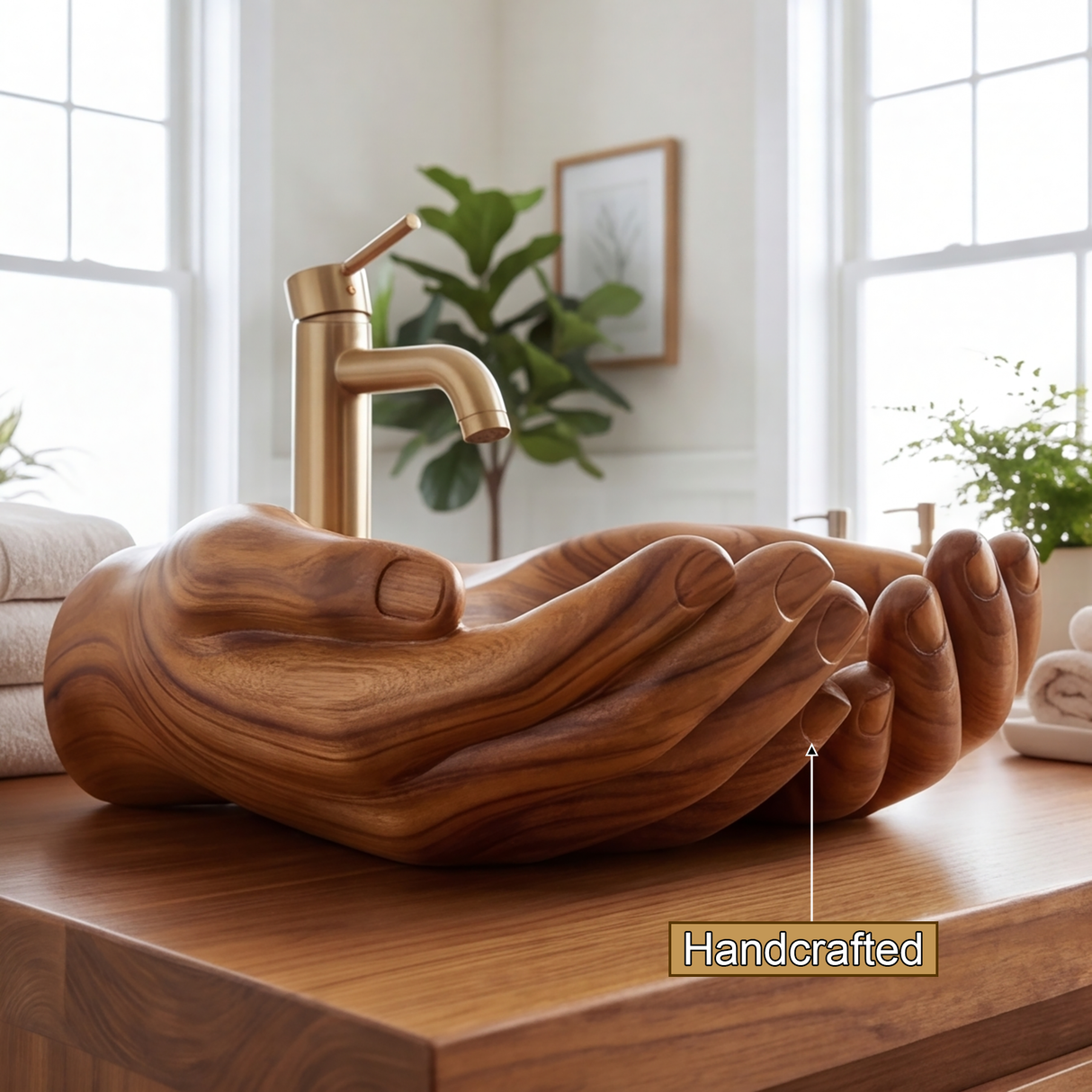 Elarion Handcrafted Solid Wood Hands-Shaped Vessel Sink