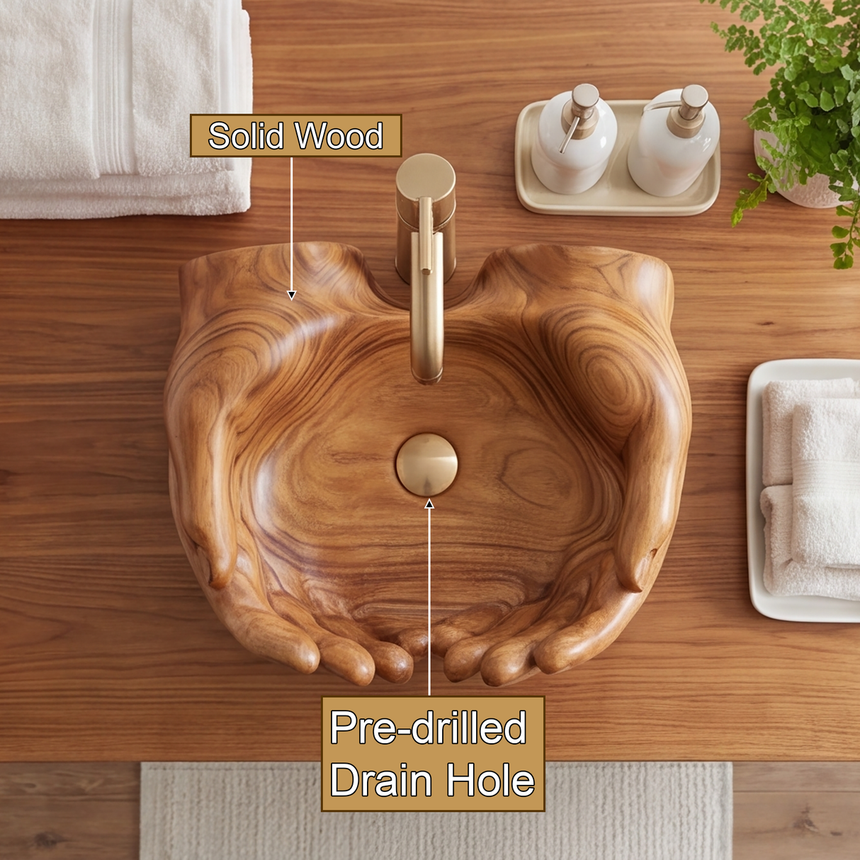Elarion Handcrafted Solid Wood Hands-Shaped Vessel Sink