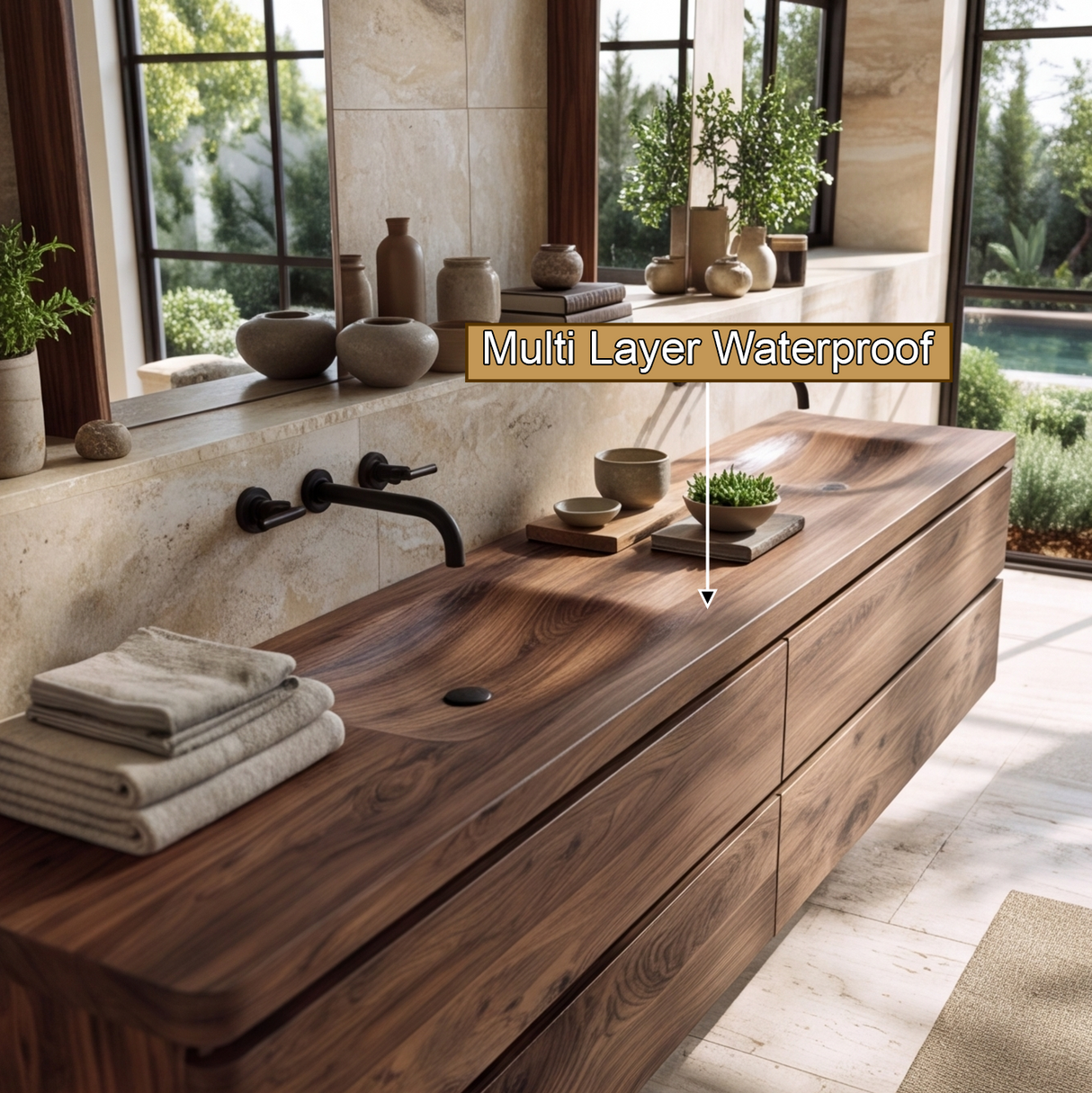 Elarion Sculpted Solid Wood Floating Bathroom Vanity with Integrated Sinks and Drawers