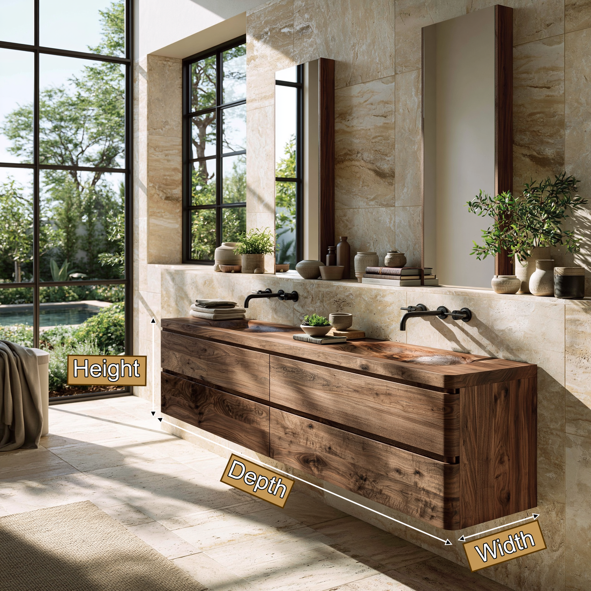 Elarion Sculpted Solid Wood Floating Bathroom Vanity with Integrated Sinks and Drawers