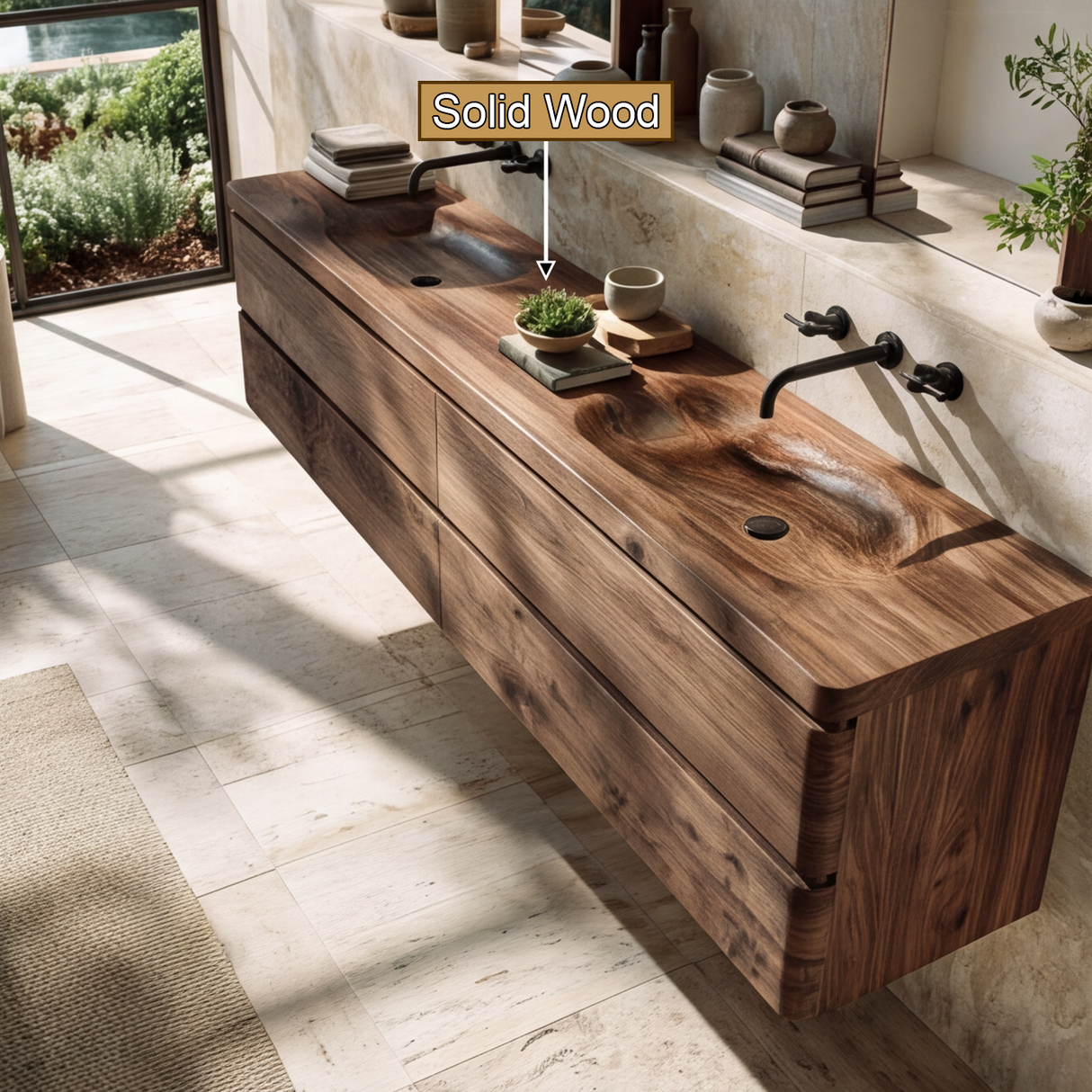Elarion Sculpted Solid Wood Floating Bathroom Vanity with Integrated Sinks and Drawers