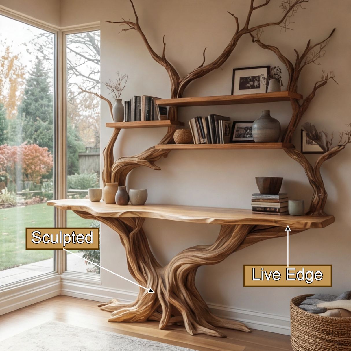 Elarion Tree Trunk Sculpted Solid Wood Console Table with Shelves - Timberustic Console Table with Shelves