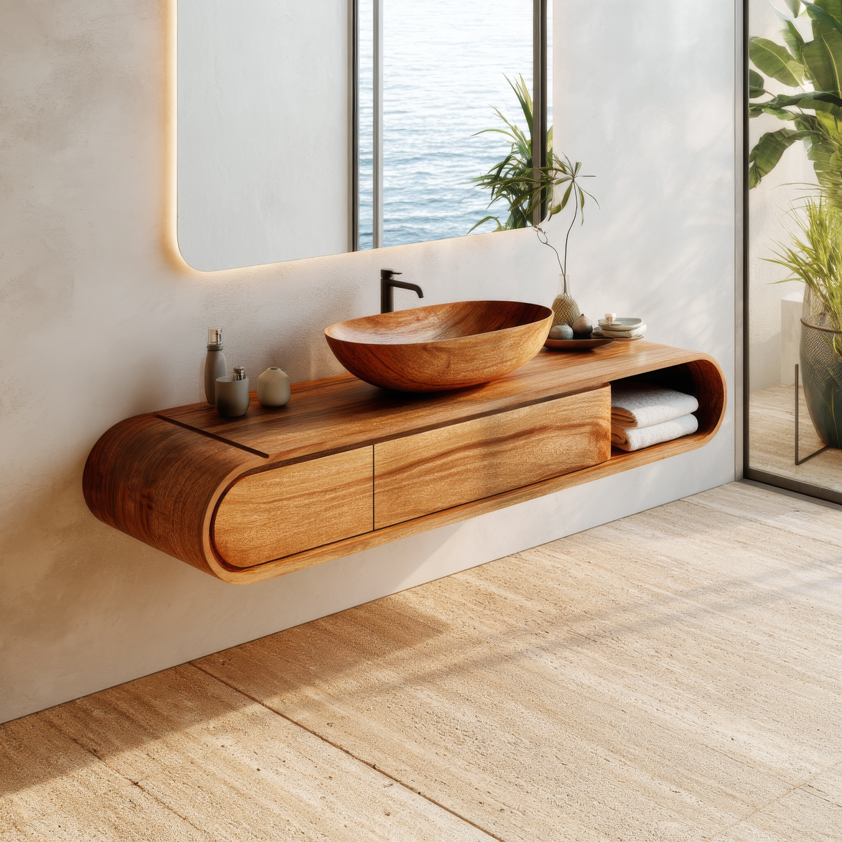 Elaris Curved Solid Wood Floating Bathroom Vanity with Drawers SPA984822 - Timberustic Floating Bathroom Vanity With Drawers