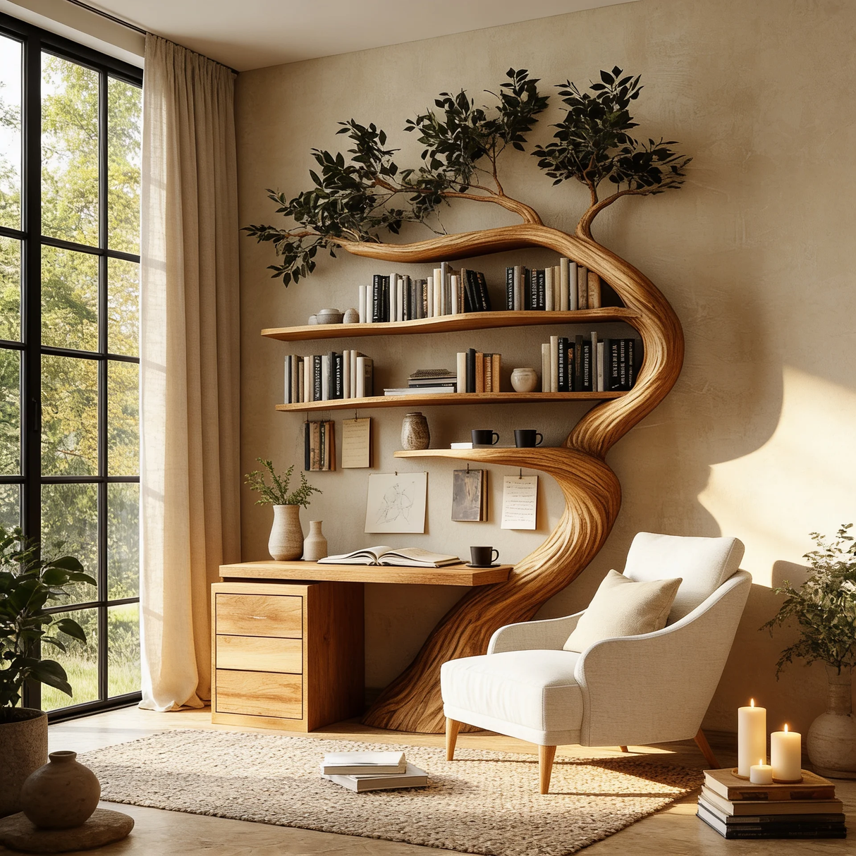 Elarivyn Sculpted Solid Wood Tree Bookshelf with Drawers - Timberustic Tree Bookshelf