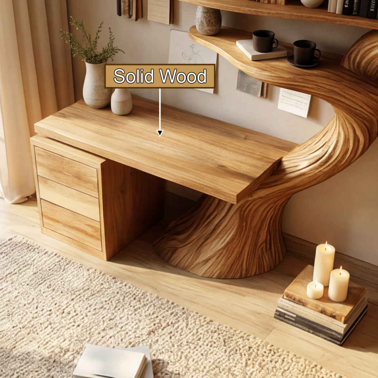 Elarivyn Sculpted Solid Wood Tree Bookshelf with Drawers - Timberustic Tree Bookshelf