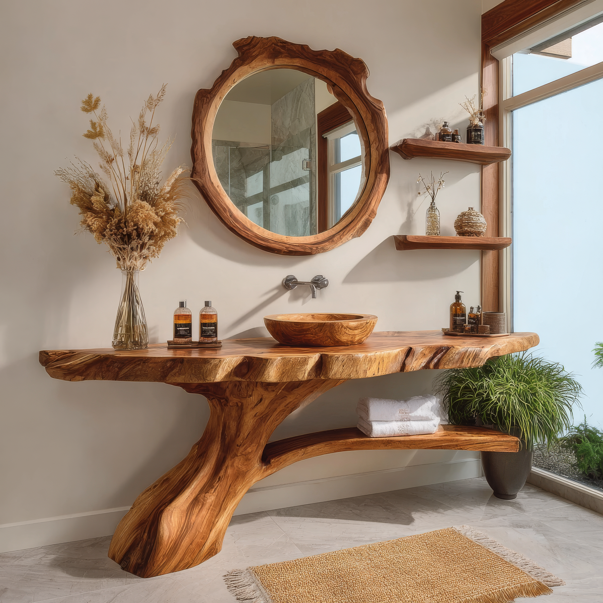 Elaro Rootform Solid Wood Freestanding Bathroom Vanity with Shelves - Timberustic Freestanding Bathroom Vanity with Shelves