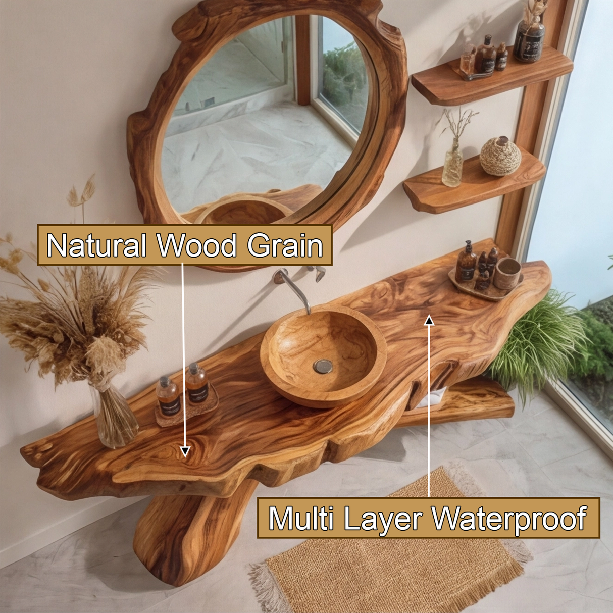 Elaro Rootform Solid Wood Freestanding Bathroom Vanity with Shelves - Timberustic Freestanding Bathroom Vanity with Shelves