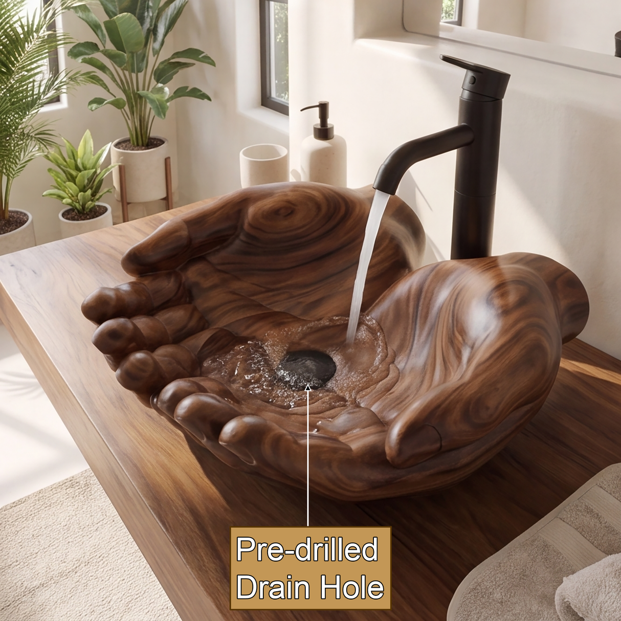 Eldovar Handcrafted Solid Wood Hands-Shaped Vessel Sink