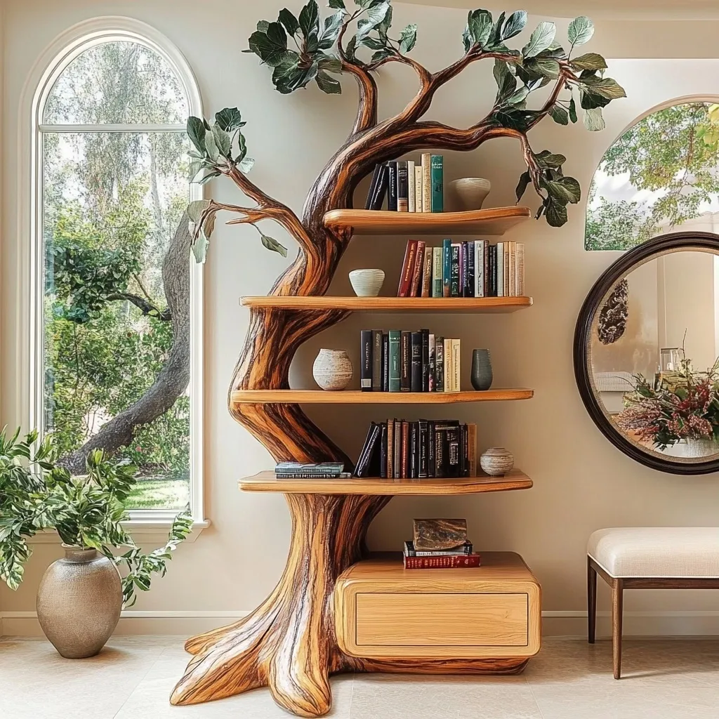 Eldrasyl Handcrafted Sculpted Solid Wood Tree Bookshelf with Drawers SPA235732