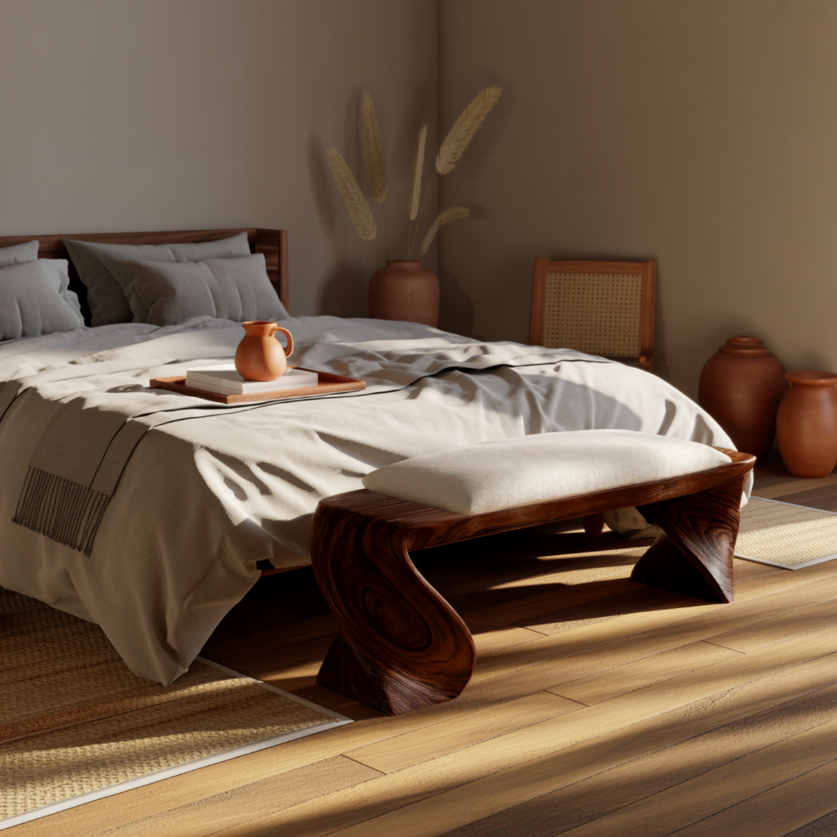 Elora Wave Sculptural Wood Bed Bench - Timberustic Bed Bench