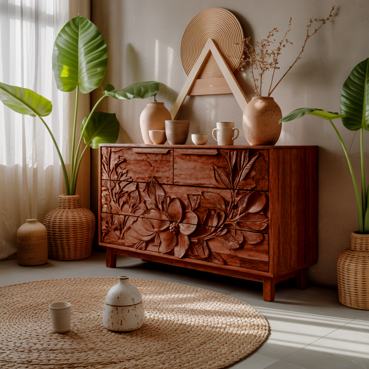 Elowen Botanical Hand-Carved Solid Wood Sideboard Cabinet