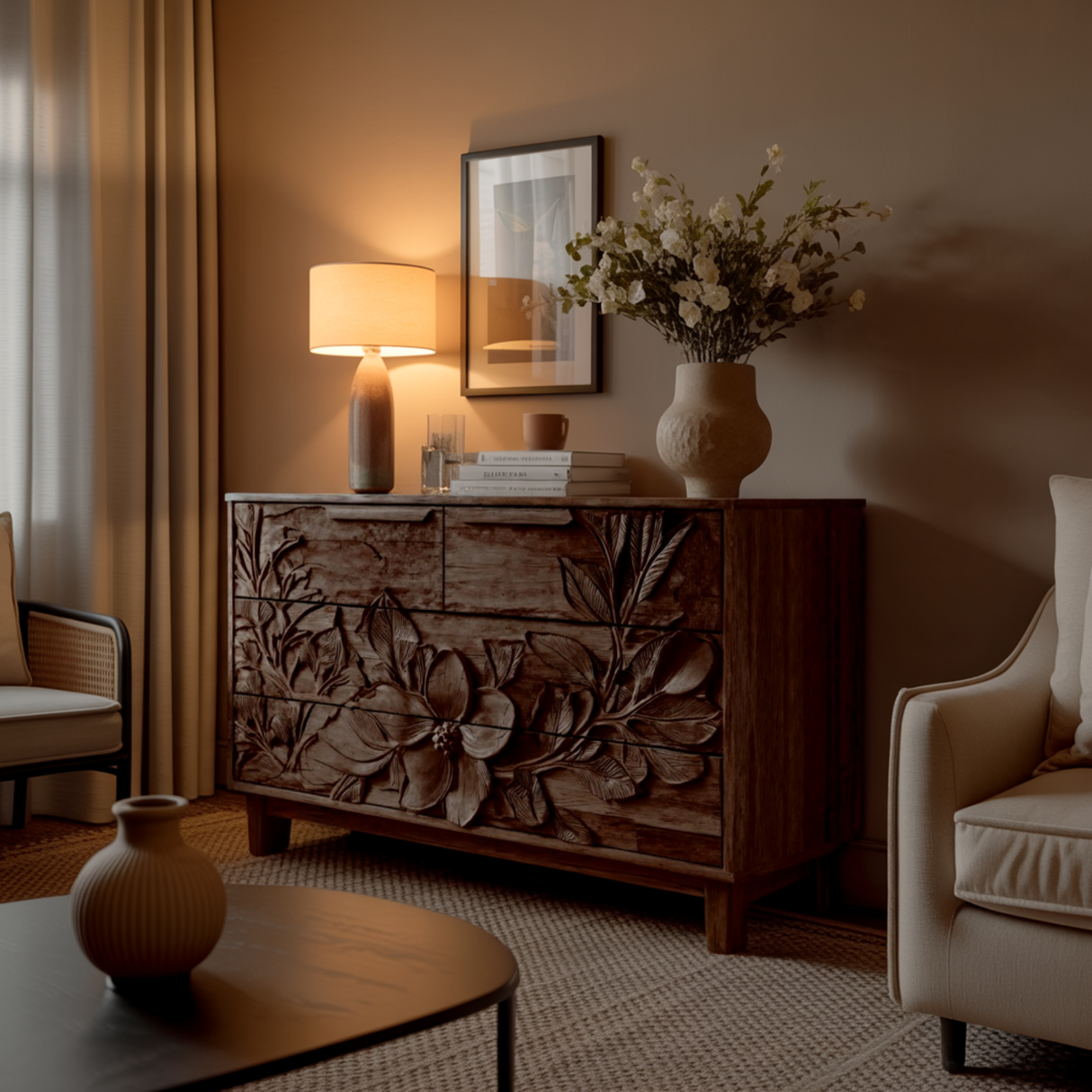 Elowen Botanical Hand-Carved Solid Wood Sideboard Cabinet