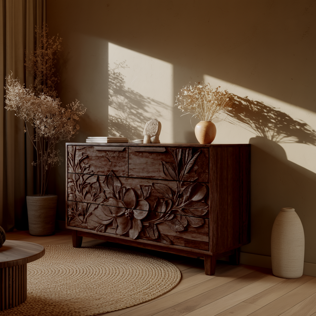 Elowen Botanical Hand-Carved Solid Wood Sideboard Cabinet