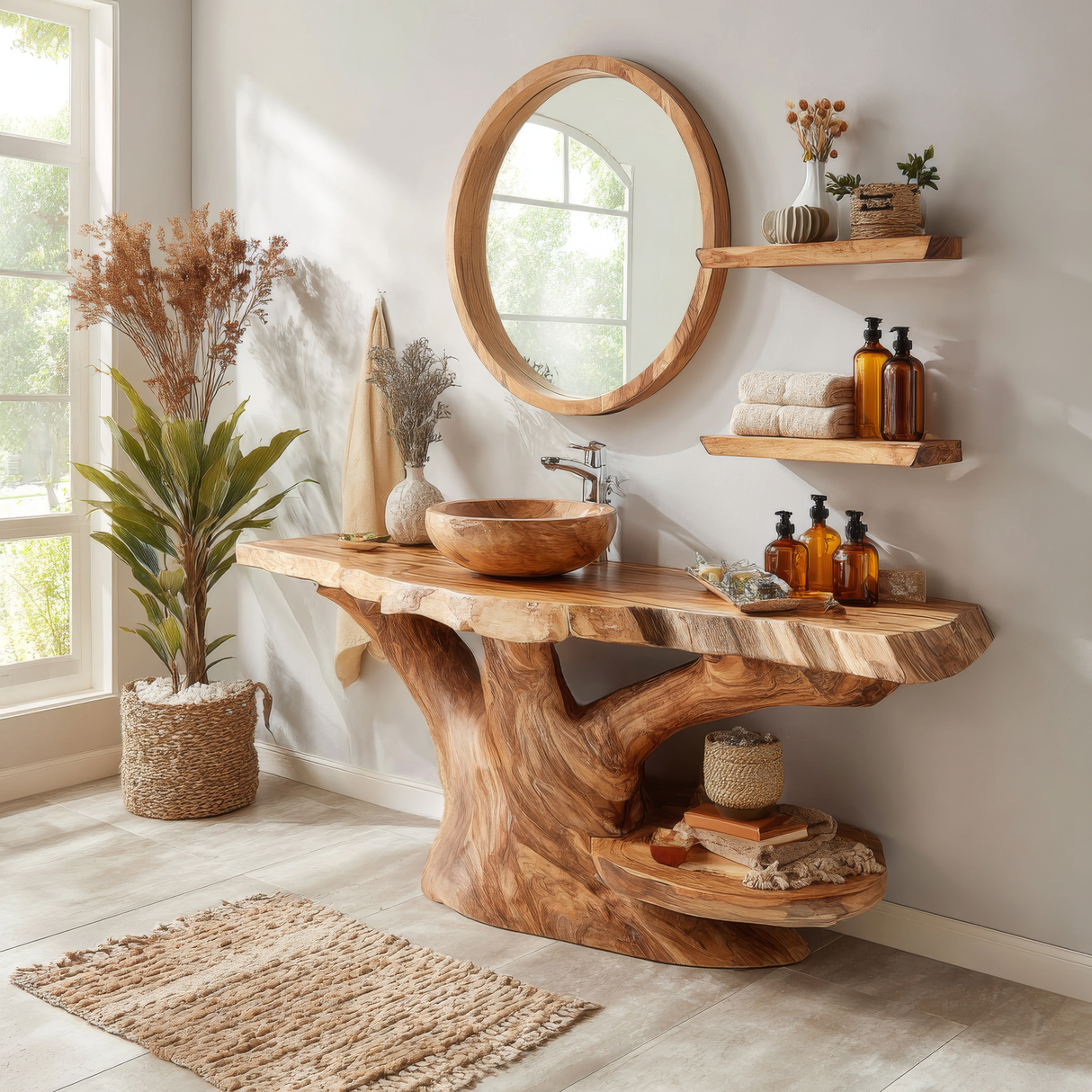 Elowen Live Edge Solid Wood Bathroom Vanity with Shelves - Timberustic Freestanding Bathroom Vanity with Shelves